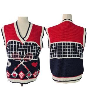 PBJ Red White Blue Tennis Theme Vintage Sweater Vest Women's Small